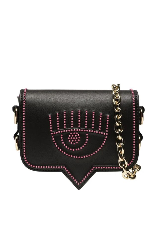 EYELIKE BAG (Ebat;14.5x10x4.5cm.) Pembe Zımbalı Siyah Omuz Çantası