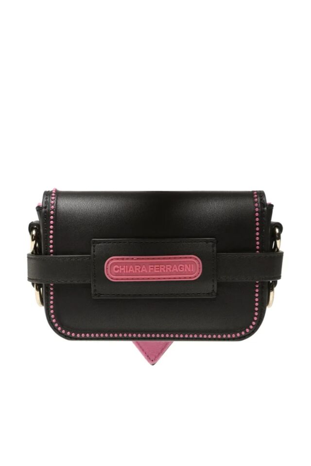 EYELIKE BAG (Ebat;14.5x10x4.5cm.) Pembe Zımbalı Siyah Omuz Çantası